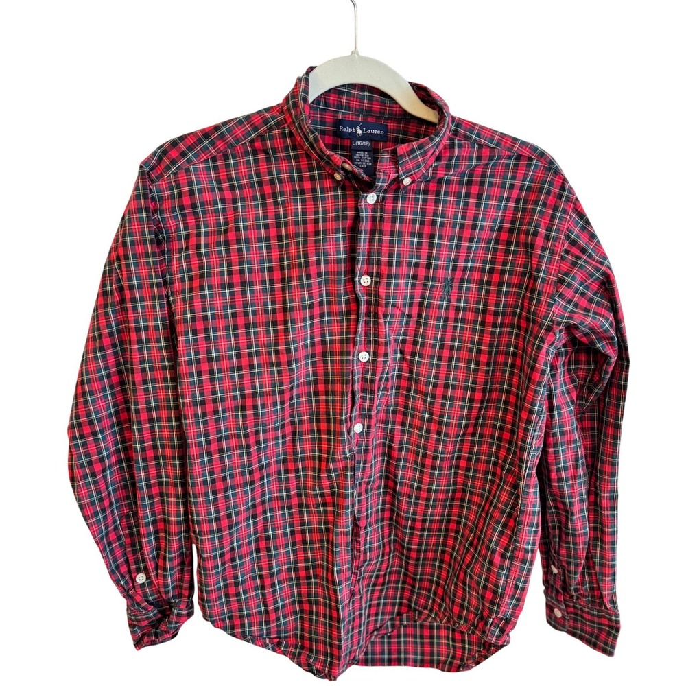 Ralph Lauren Kids Plaid Button Down Shirt Red Green Long Sleeve Size L 16 18